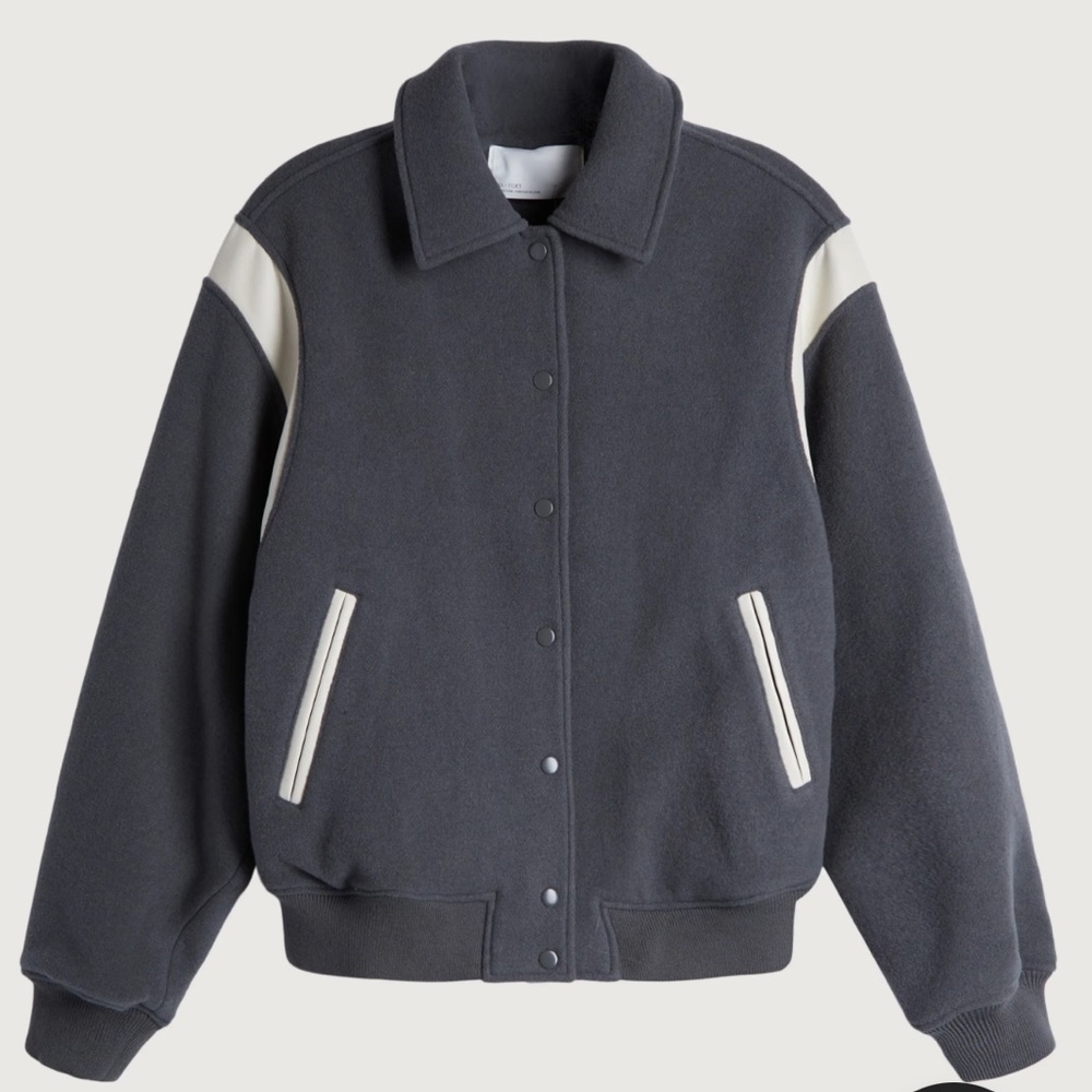 OAK + FORT Wool Varsity Bomber Jacket - Grey M/L